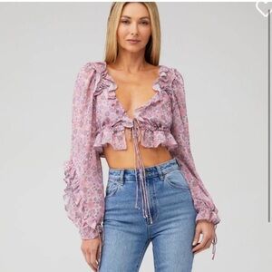 For Love And Lemons Pink Crop Ruffled Tie Front Blouse